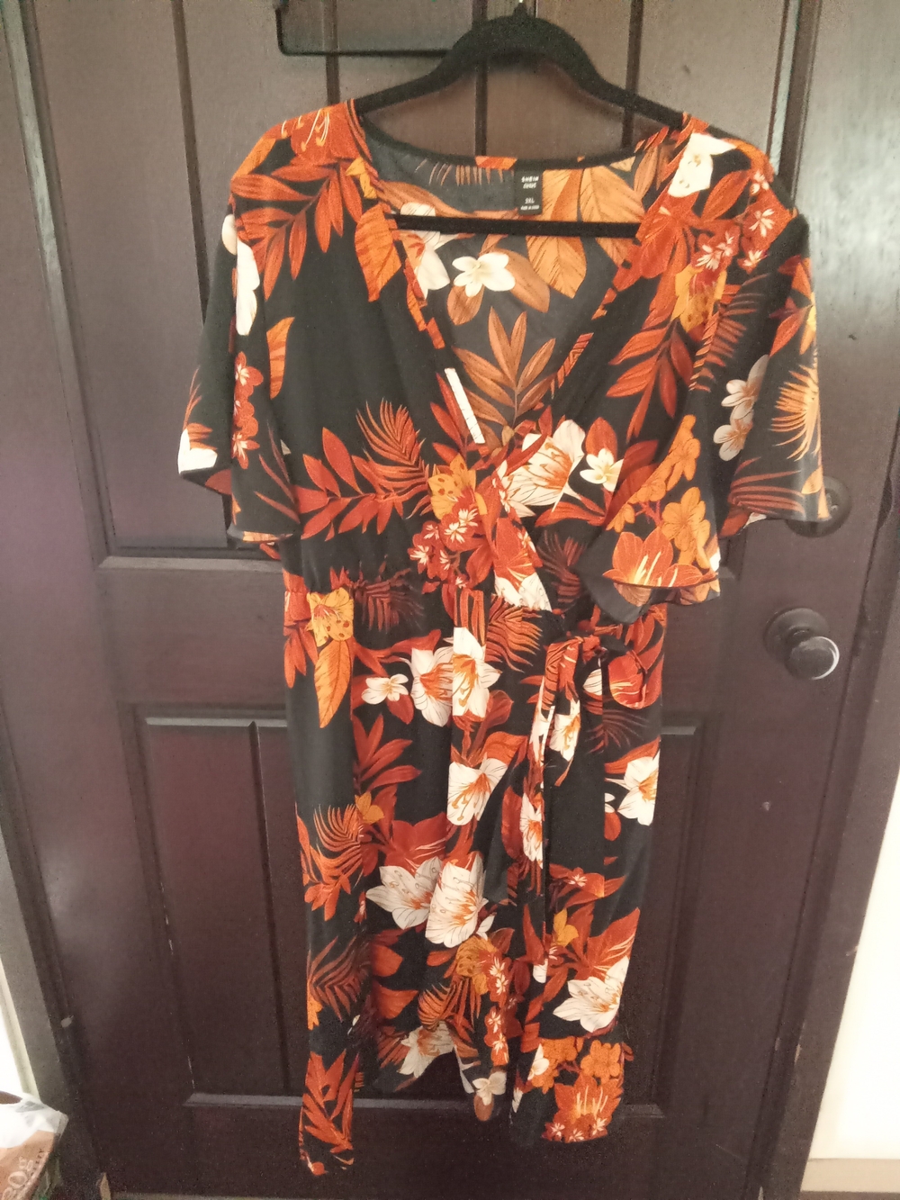 SHEIN Black Floral Wrap Midi Dress with Rust and Cream Blooms